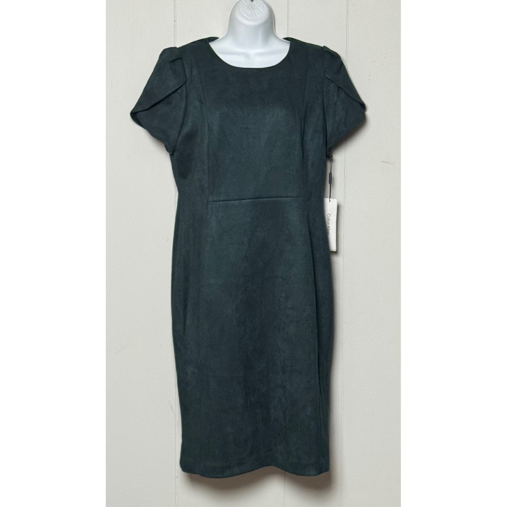 NWT Calvin Klein Faux Suede Sheath Dress Green Tulip Sleeve Gold Zip Size 12